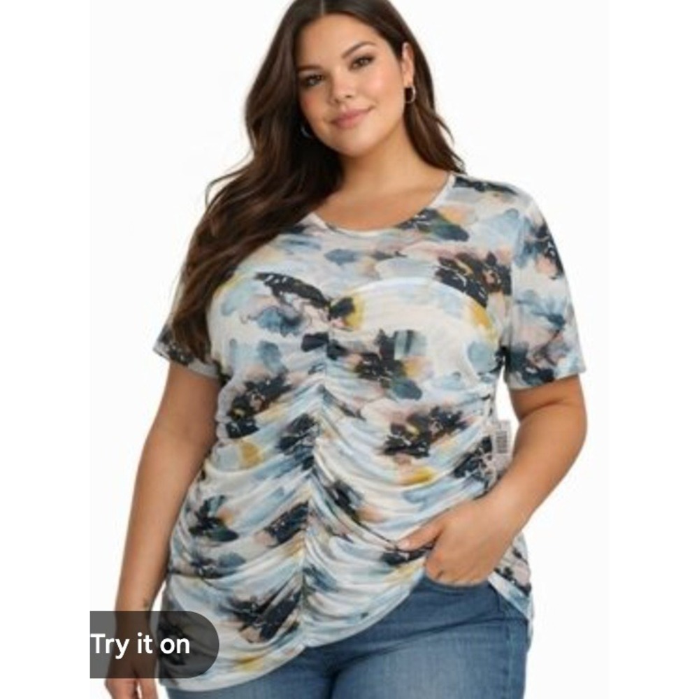 Torrid Floral Mesh Ruched Top Plus Size 3X Watercolor Short Sleeve Blouse Multi